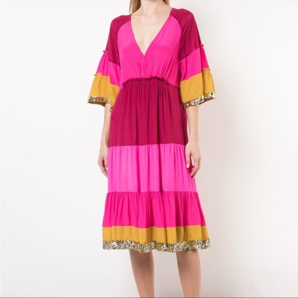 NWT Figue  Silk Crepe Colorblock Gold Sequin  Trim Midi Dress Bohemian Gypsy - Picture 3 of 16